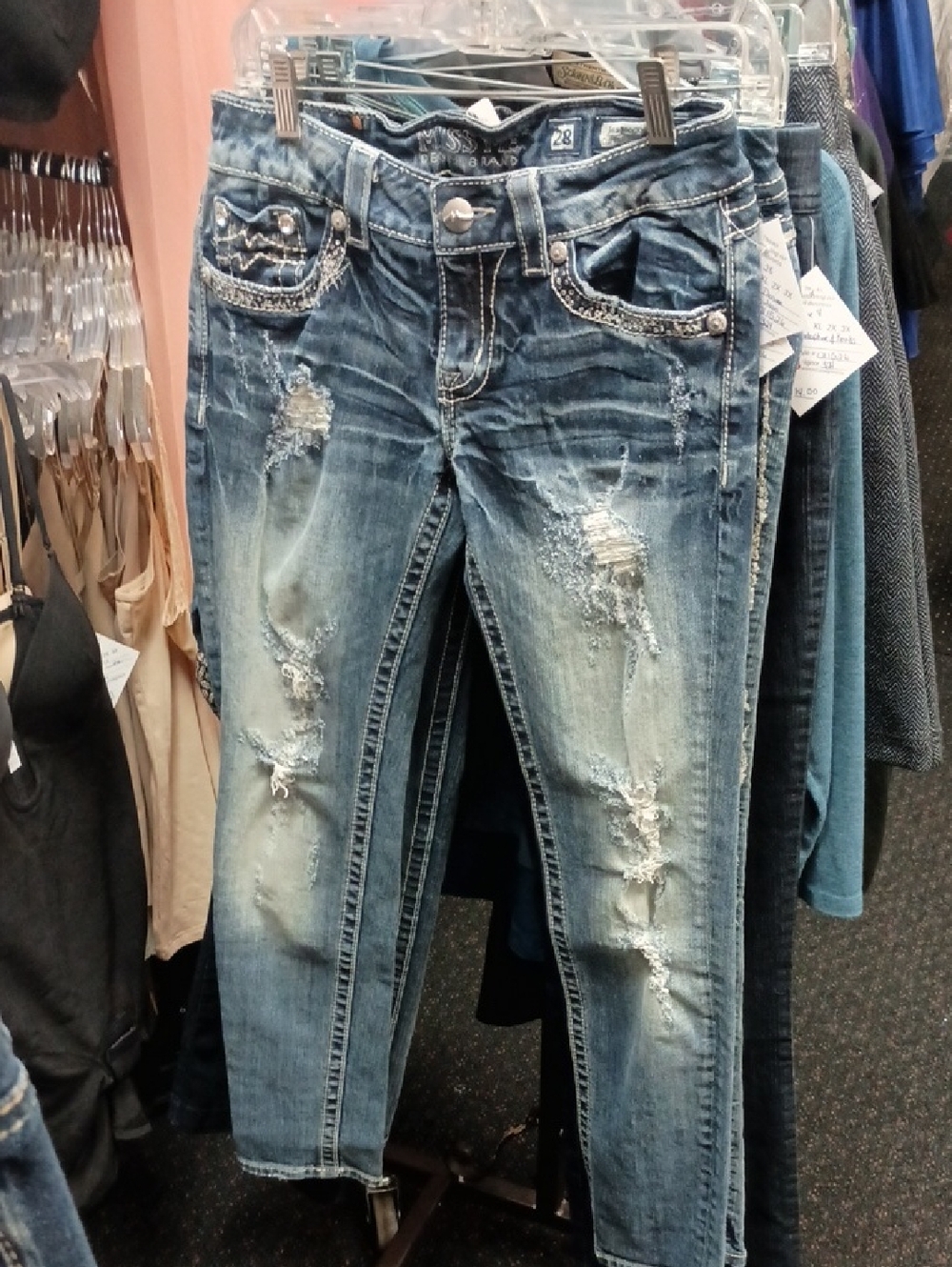 Miss Me Distressed Medium Blue Skinny Jeans with Embellished Pockets
